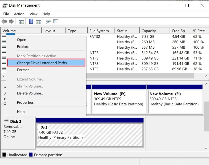 Fare clic con il pulsante destro del mouse sull'unità che causa l'errore e selezionare Modifica lettera e percorsi di unità | Correggi l'errore che il nome del dispositivo locale è già in uso su Windows