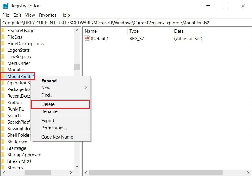 MountsPoints2を右クリックして、エントリを削除します|ローカルデバイス名がWindowsですでに使用されているというエラーを修正する