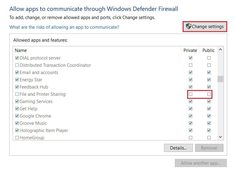 ファイルとプリンターの共有の前にある両方のチェックボックスを有効にする