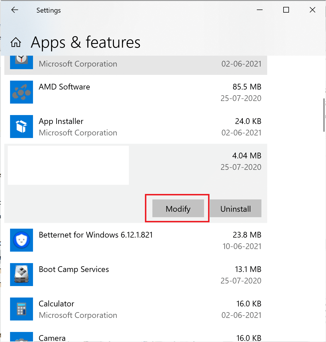 Windowsでアプリケーションの変更をクリックします