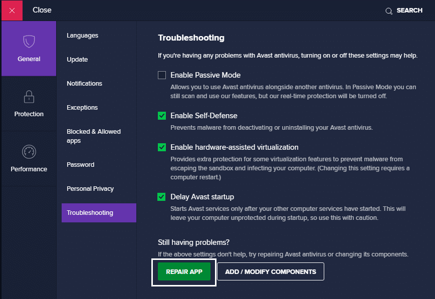 アバストを修復する