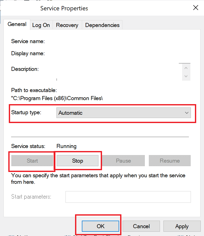 起動タイプを自動に設定し、サービスを再起動します