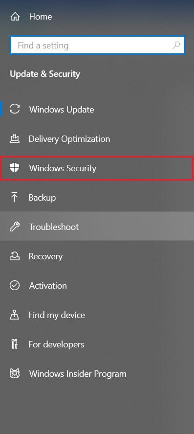 Soldaki panelde Windows güvenliğine tıklayın