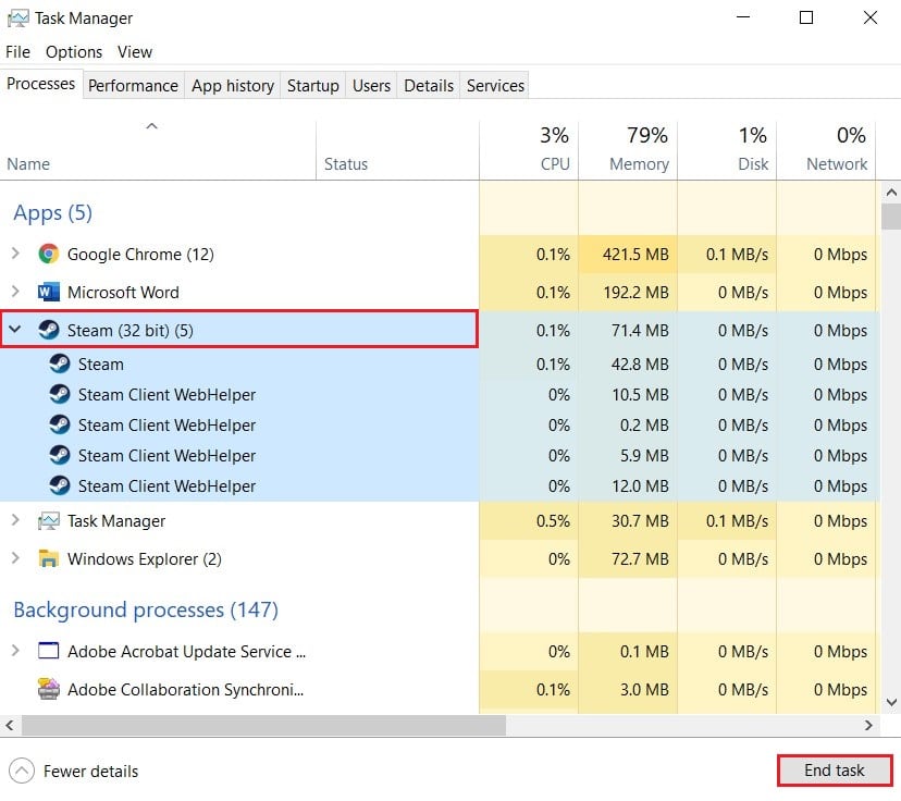 Görev yöneticisinden tüm Steam uygulamalarını kapatın