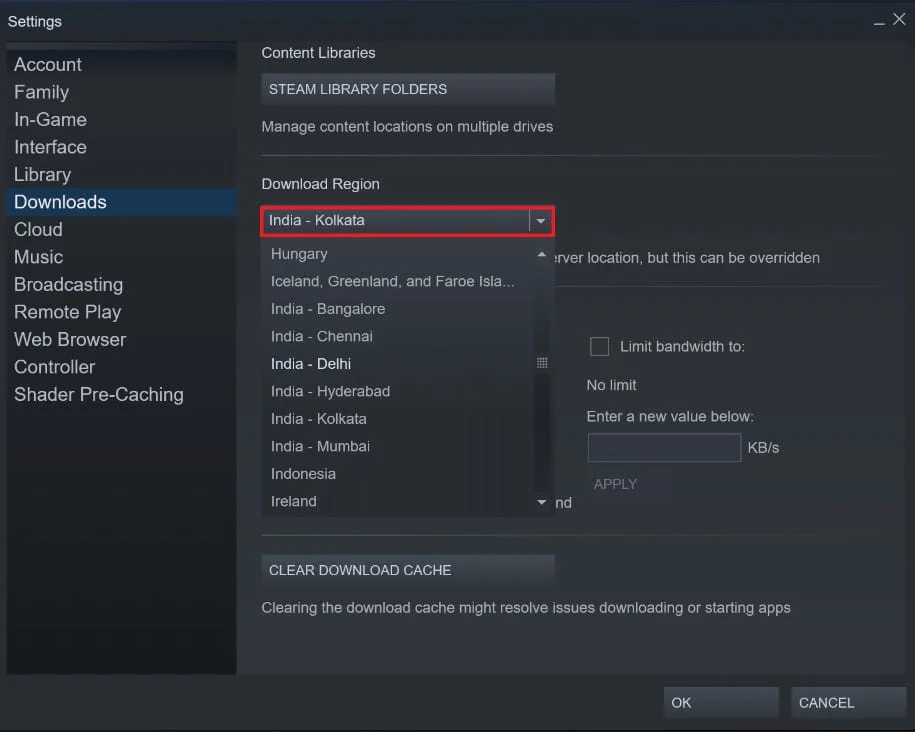 Bölgeler listesinden size en yakın olanı seçin | Windows'ta Disk Alanı Ayırırken Steam Sıkışmasını Düzeltin