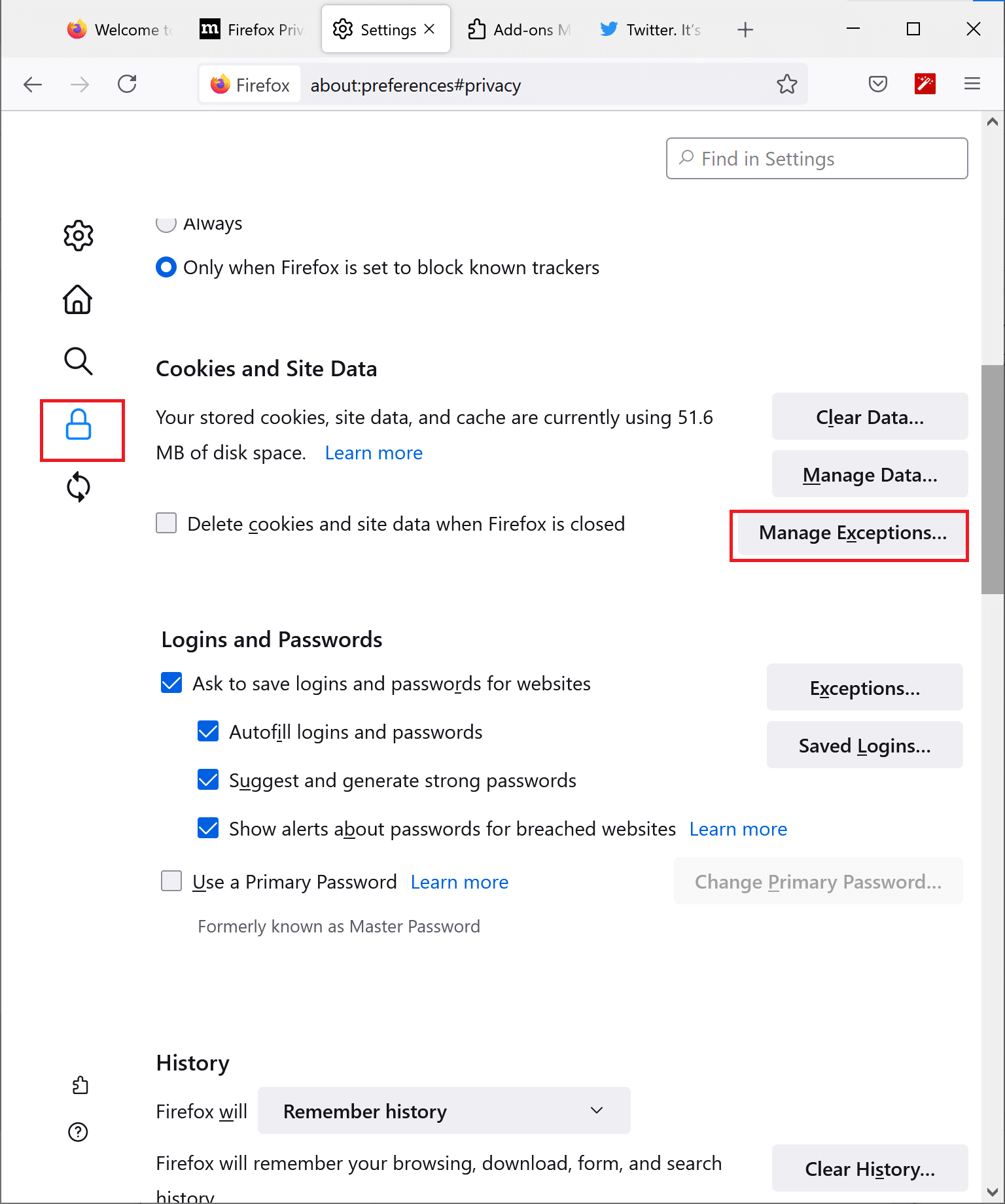 FirefoxでのCookieの例外の管理をクリックします