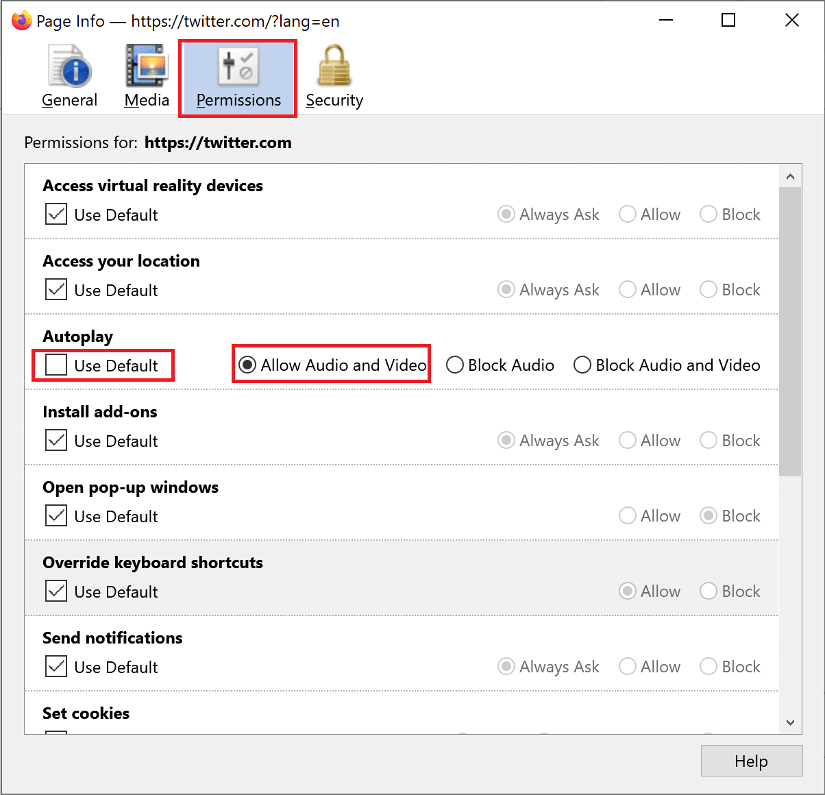 Firefoxの自動再生権限の下で[オーディオとビデオを許可する]をクリックします