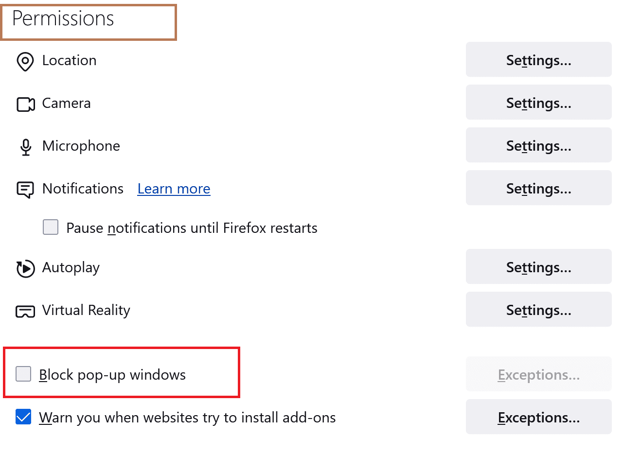 Firefoxでポップアップを許可するをクリックします