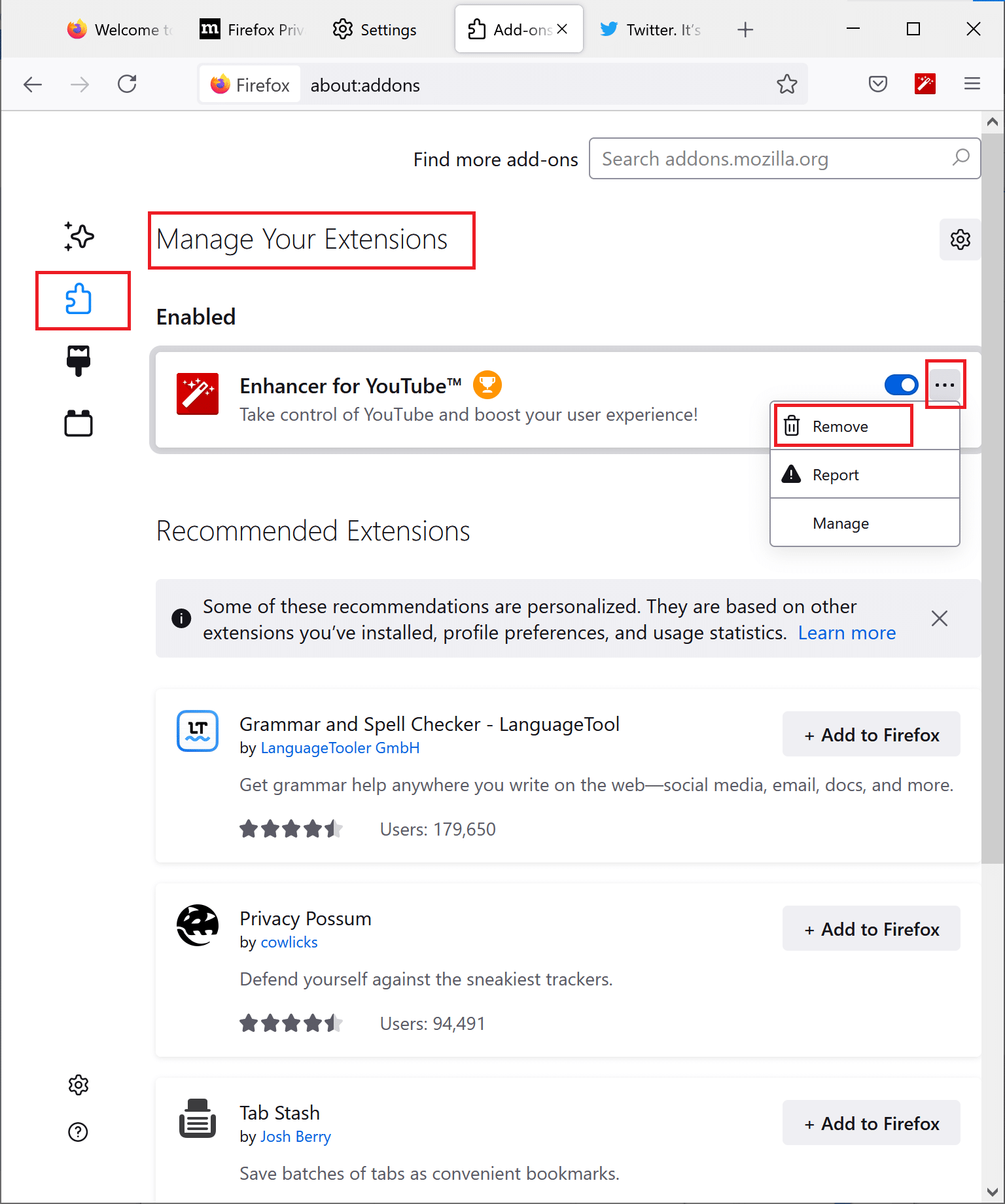 Firefox拡張機能を削除をクリックします