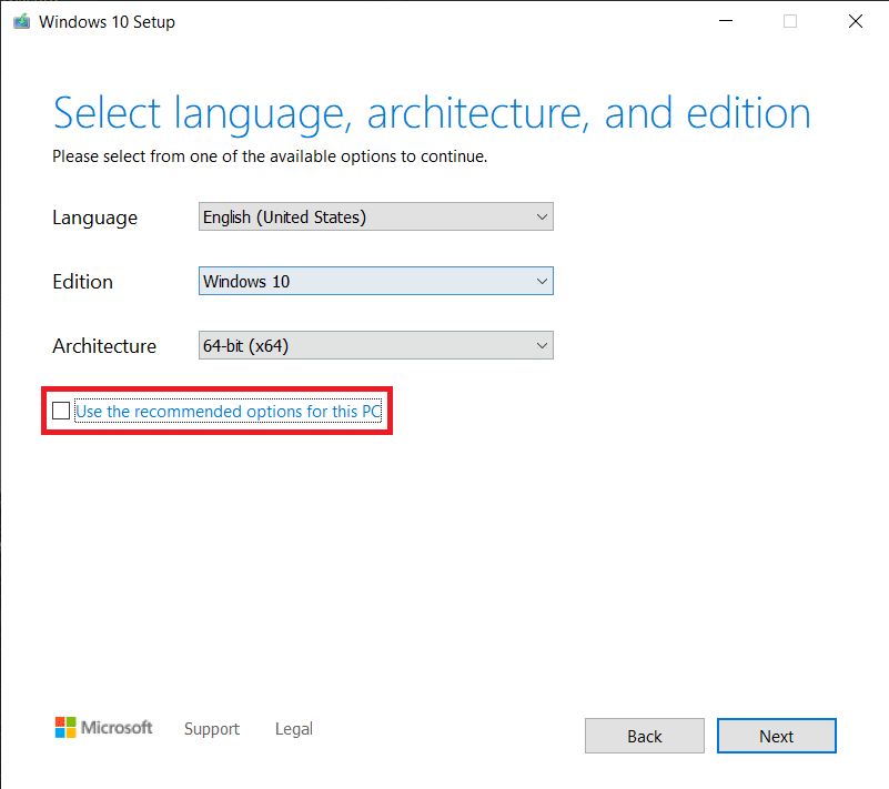Desmarque la casilla junto a Usar las opciones recomendadas para esta PC