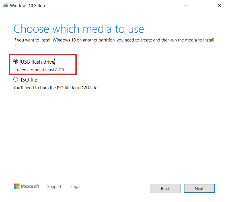 Seleccione el medio de almacenamiento que desea usar y presione Siguiente