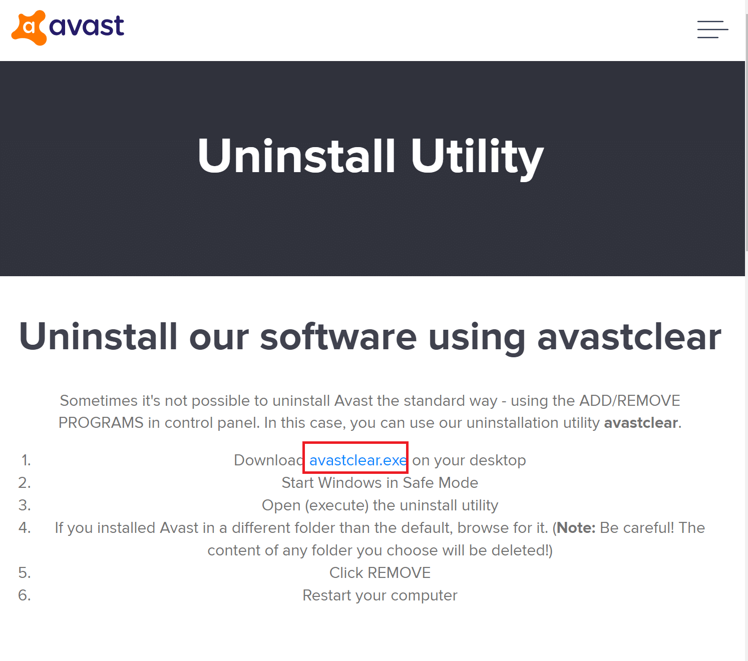 Avast Uninstall 유틸리티를 다운로드하려면 Avastclear.exe 다운로드를 클릭하십시오.