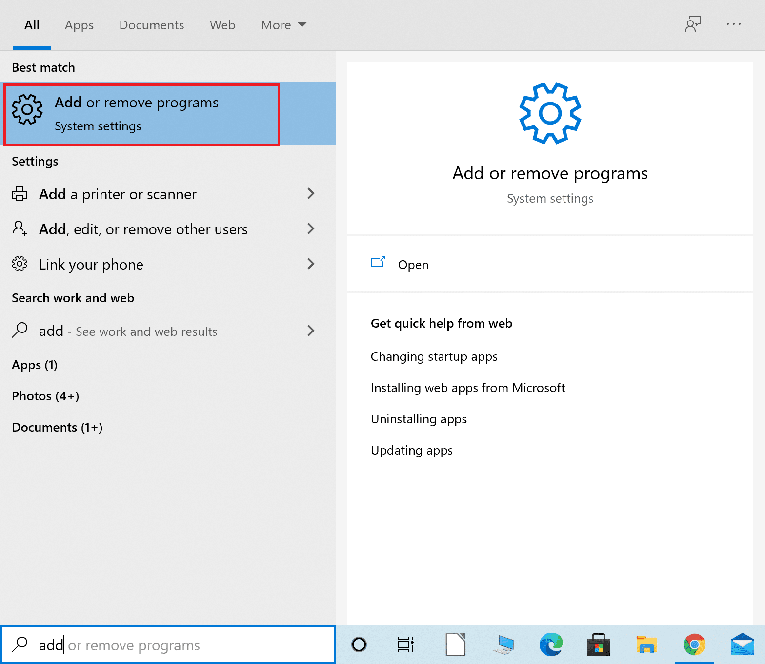 Windowsの検索バーに「プログラムの追加または削除」と入力します| Windowsでアバストが開かない問題を修正する方法