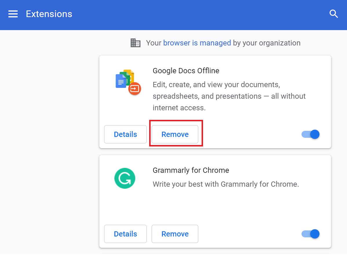 障害のある拡張機能を見つけたら、[削除]をクリックします。