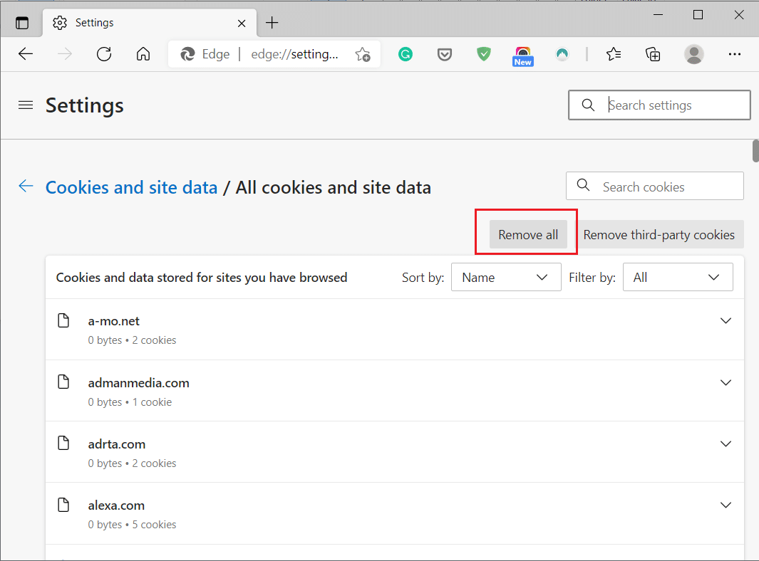 [すべてのCookieとサイトデータ]の下にある[すべて削除]をクリックします