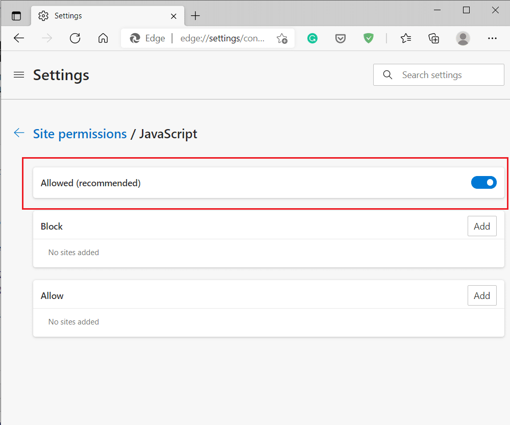 MicrosoftEdgeでJavaScriptを許可する