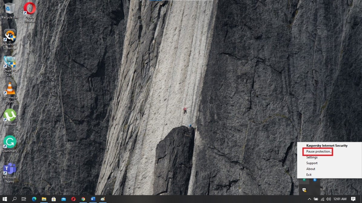 다음으로 Kaspersky Antivirus를 마우스 오른쪽 버튼으로 클릭하고 보호 일시 중지를 선택합니다.