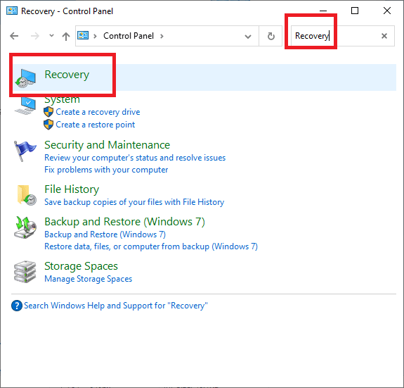 제어판 검색 상자에 복구를 입력한 다음 클릭합니다.