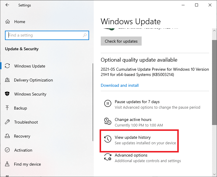 화면 오른쪽의 세 번째 오른쪽 옵션에 있는 업데이트 기록 보기를 선택합니다.