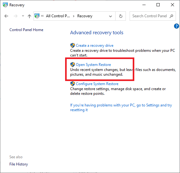 시스템 복원 열기를 선택합니다.