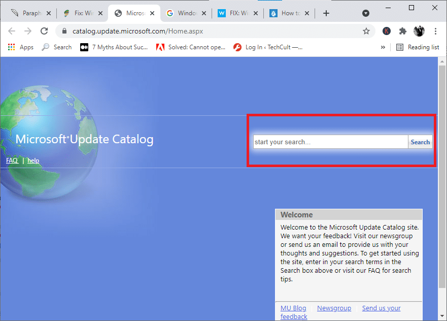 Microsoft Update 웹 사이트로 이동하여 KB 코드를 찾습니다.