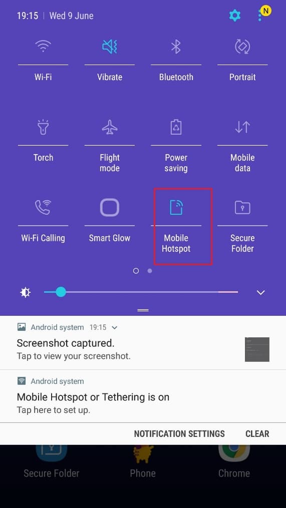 ホットスポット機能をオンにします