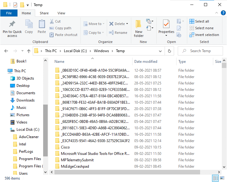 이제 Temp를 클릭하고 모든 파일과 폴더를 선택하고(Ctrl + A) 키보드의 Delete 키를 누르십시오.