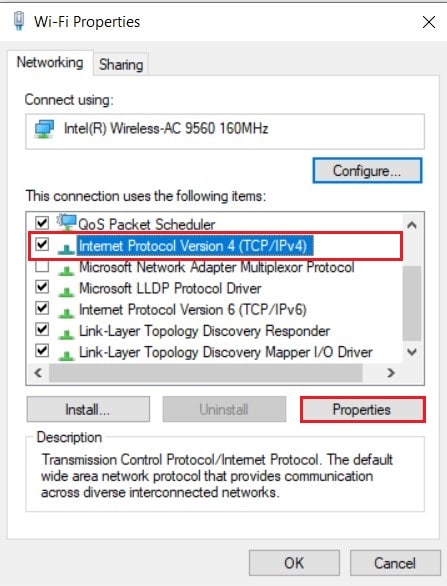 インターネットプロトコルバージョン4を選択し、プロパティをクリックします|発生したエラーを修正する「再試行」YouTubeの再生ID