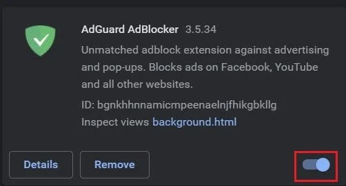 トグルボタンをクリックして、adblock拡張機能をオフにします
