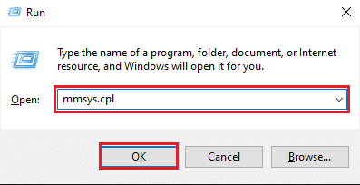 실행 대화 상자가 화면에 나타나면 mmsys.cpl을 입력하고 Enter 키를 누릅니다.