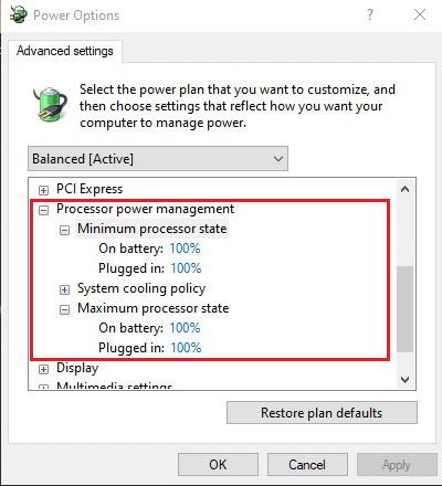 On battery(%)およびPluged in(%)フィールドの値を100に変更します