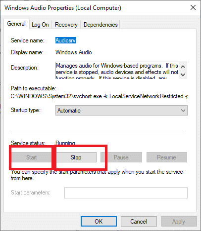 サービスを中止するには、[停止]をクリックします