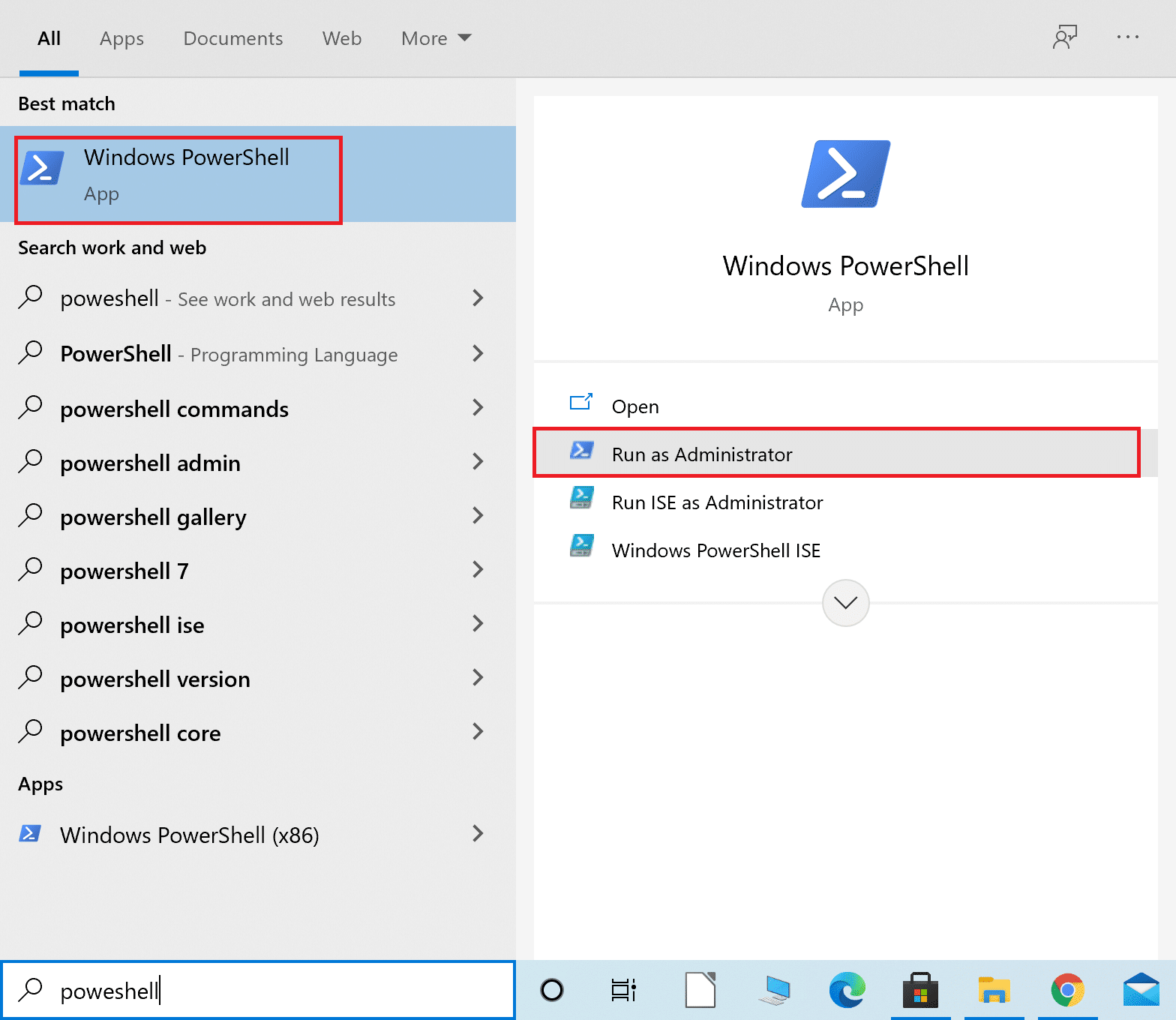Windowsの検索バーに「Powershell」と入力してから、WindowsPowershellを起動します