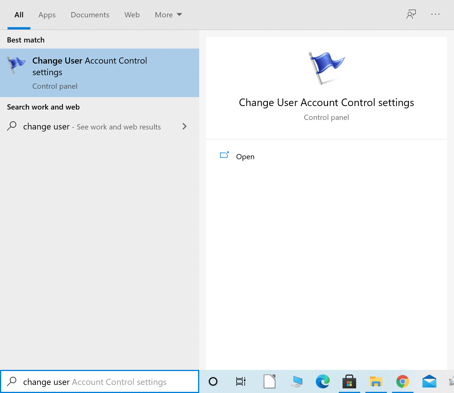 Windowsの検索メニューから「ユーザーアカウント制御設定の変更」と入力して選択します
