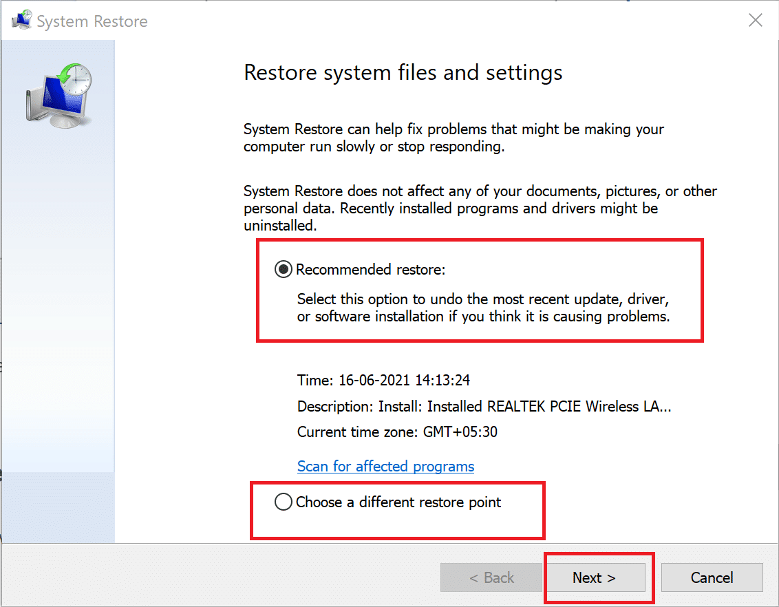 Önerilen geri yüklemeye tıklayın