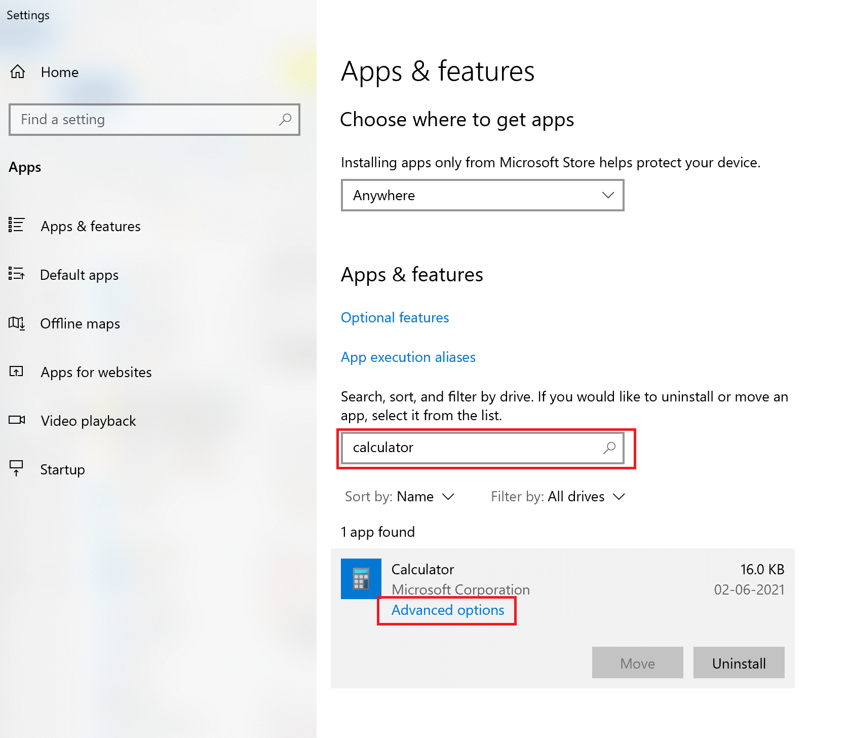 Uygulamaya tıklayın ve Gelişmiş seçenekler'i seçin