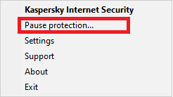 . Kaspersky korumasına sağ tıklayın ve Korumayı duraklat'ı seçin.