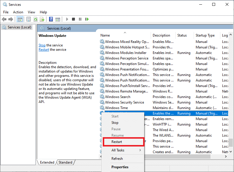. Windows Update hizmetini bulun ve Yeniden Başlat'a tıklayın. Hizmetler alfabetik sıraya göre listelenmiştir.