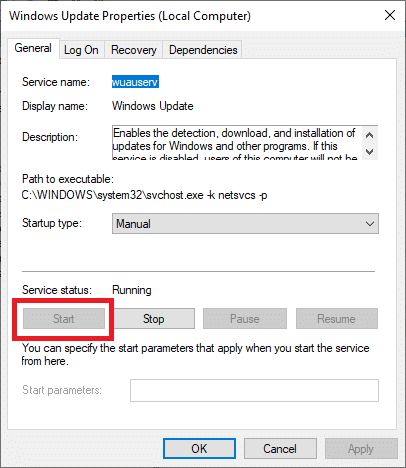 Çalışmıyorsa, Başlat düğmesine tıklayın.