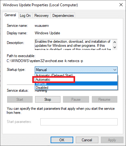 . Genel sekmesinde başlangıç türünü Otomatik olarak ayarlayın.