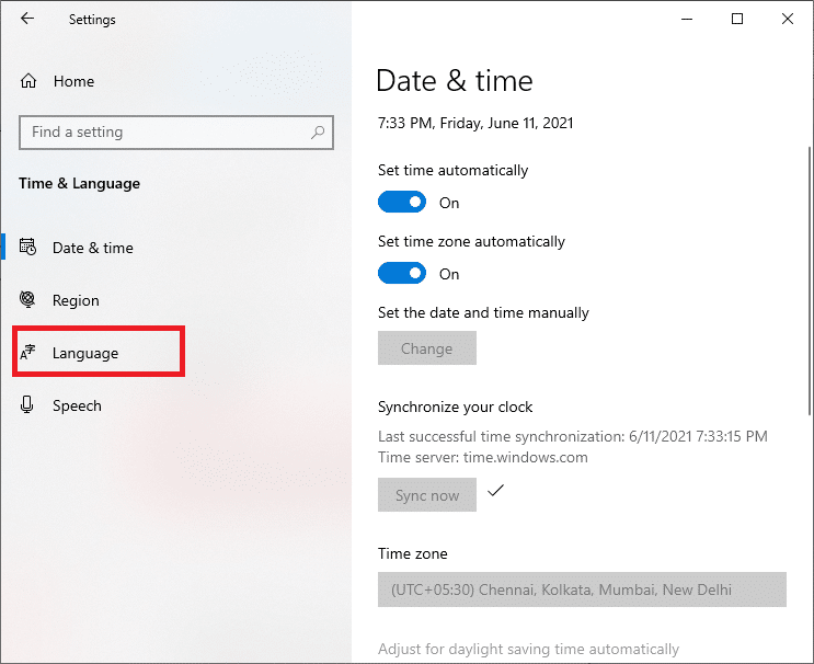 Aynı pencerede Dil'i tıklayın.