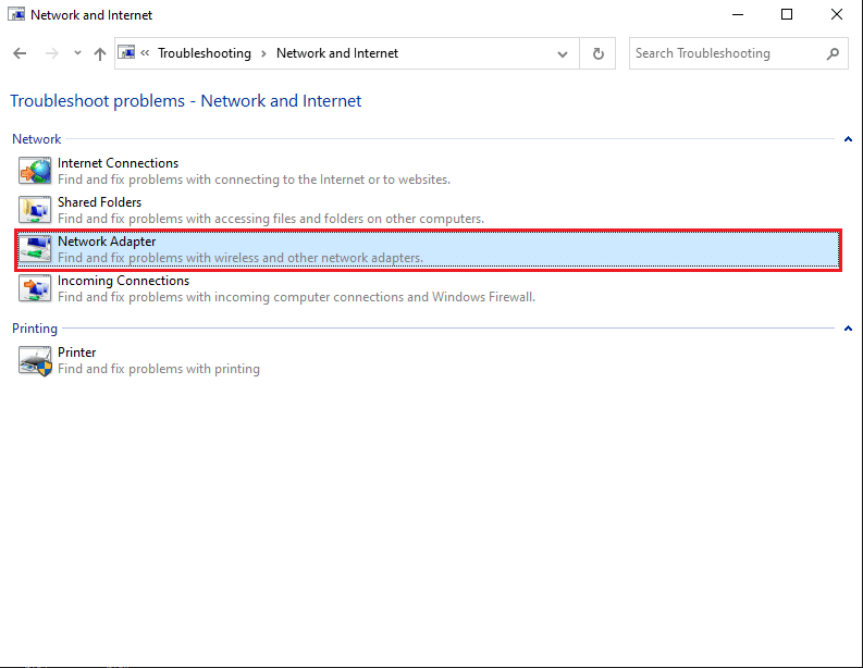 リストからネットワークアダプタを選択します