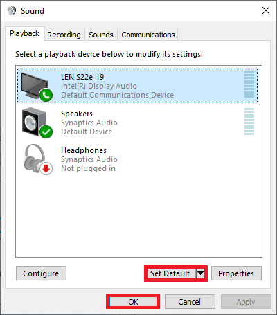 次に、HDMIデバイスを選択し、[デフォルトに設定]、[デフォルトに設定]の順にクリックします。テレビに接続したときにWindows10でHDMIの音が出ない問題を修正