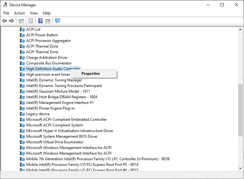 。ここで、オーディオコントローラ（たとえばHigh Definition Audio Controller）を検索し、右クリックします。次に、[プロパティ]をクリックします。