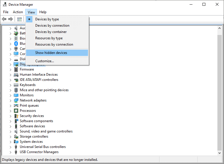 次に、メニューバーの[表示]タイトルに切り替えて、[非表示のデバイスを表示]をクリックします