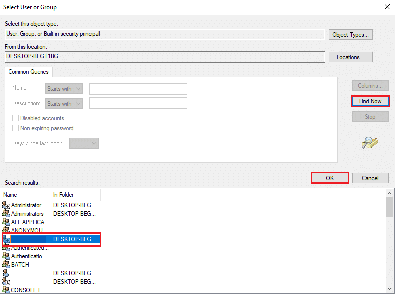[今すぐ検索]をクリックし、リストからユーザーアカウントを選択して、[OK]をクリックします