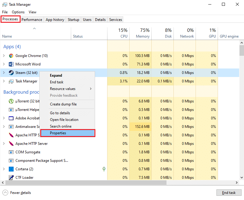 Menüden özellikleri seçmek için Steam'e sağ tıklayın | Steam mağazasının yüklenmemesi nasıl düzeltilir?