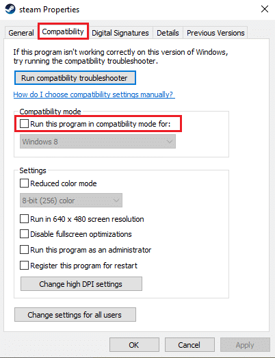Bu programı uyumluluk modunda çalıştır yazan seçeneğin işaretini kaldırın.