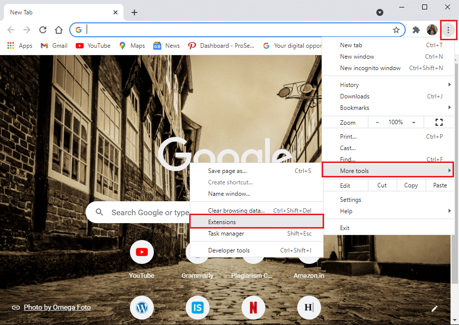 その他のツールオプションの上にカーソルを移動し、拡張機能を選択します| Tumblr画像がロードされないエラーを修正