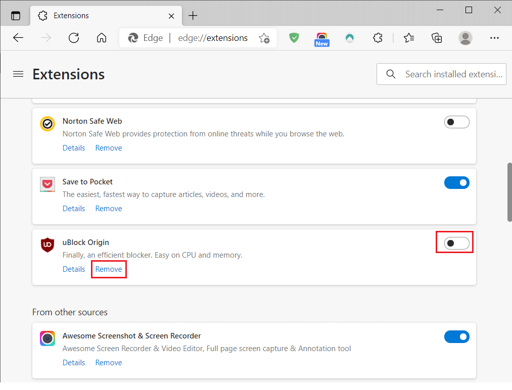 MicrosoftEdgeからuBlockOriginを削除します